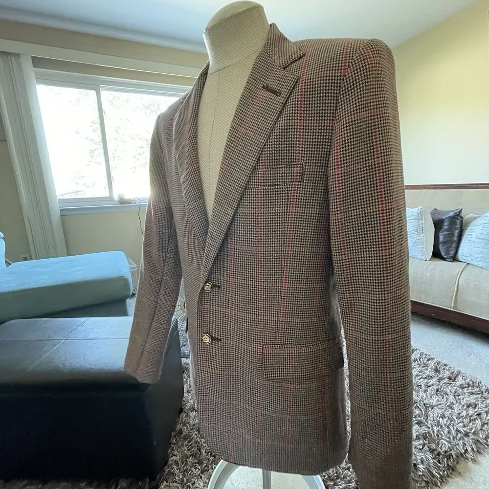 Men's Houndstooth Wool Blend Blazer Gold Buttons Jacket Size Large Preppy Career